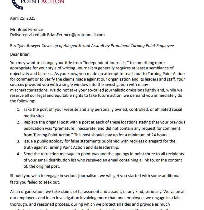 BREAKING: Turning Point Action Finally Responds to Allegations of Sexual Assault by Matthew Martinez and Cover-up by COO Tyler Bowyer Through Their Attorney Frank Carni in Typical Hostile and Inaccurate Manner