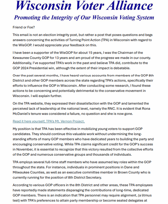 Wisconsin GOP Members Raise Questions of TP Action In Their State